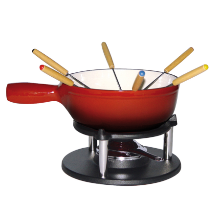 Service à fondue savoyarde 20 cm en fonte émaillée rouge 6 personnes