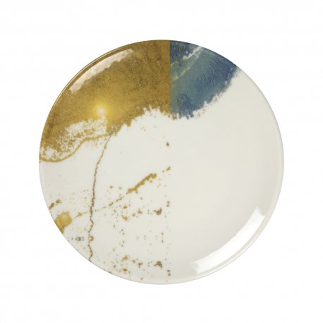 Assiette plate - Porcelaine ø 21 cm -Dyonisos - Sans aile - Blanc, bleu et or Manufacture de Digoin