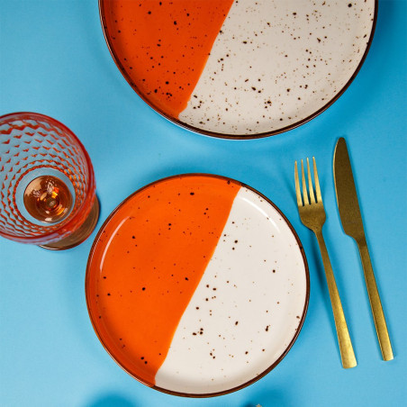 Assiette bord droit - Porcelaine  ø 21 cm - Hélios - Bord droit - Blanc, Ivoire et orange