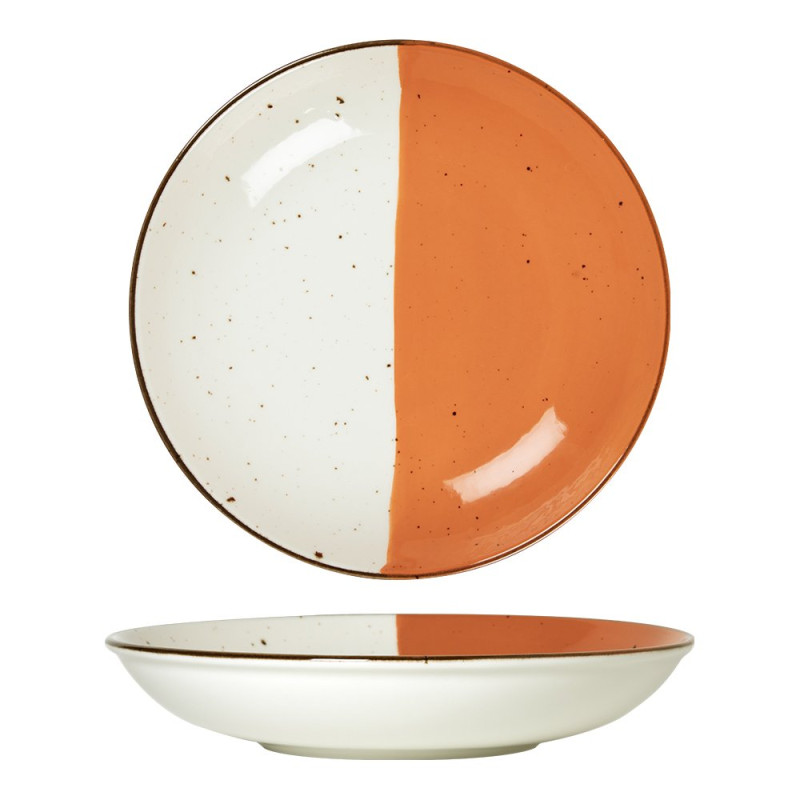 Assiette creuse - Porcelaine ø 25 cm - Hélios - Blanc, Ivoire et orange