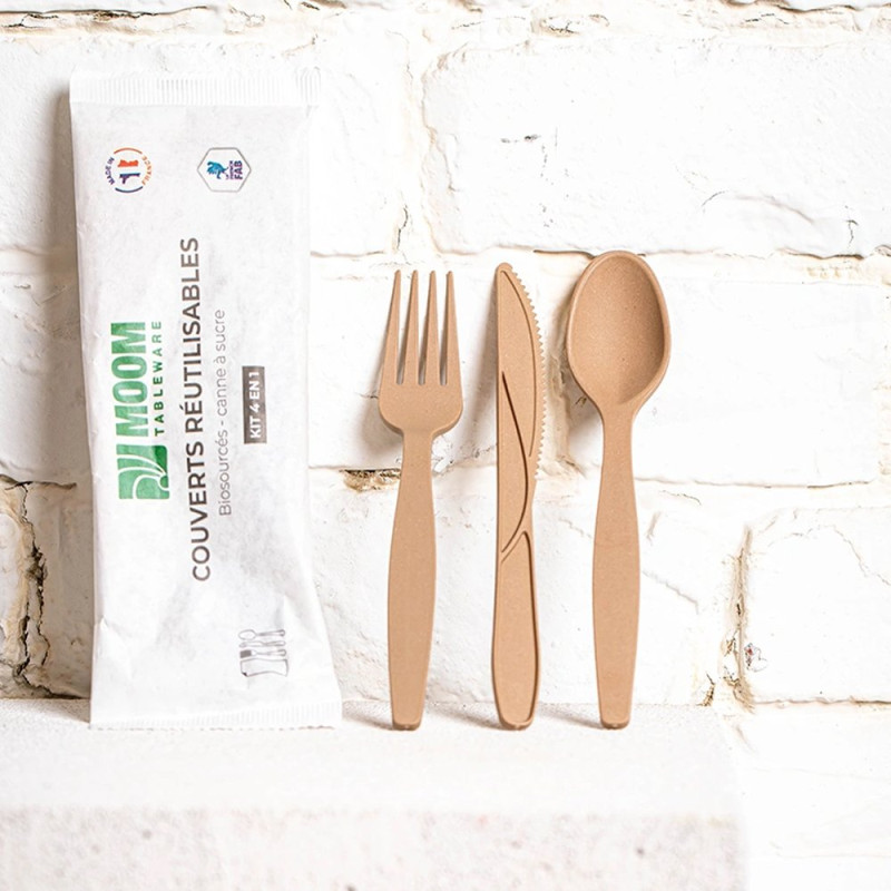 Kit couverts 4/1 réutilisables biosourcés - avec serviette - Fibre de canne.
