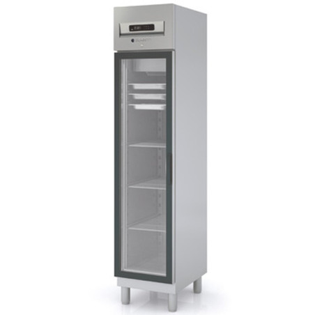 Armoire GN1/1 - T°+2°/+8°C - 303L - 1 porte vitrée - Inox - LED - Serrure - Pieds réglables - 4 clayettes