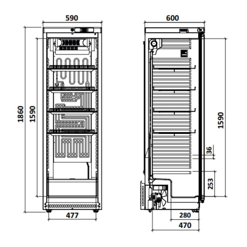 Armoire Série 430 - 1 porte vitrée - 308L - Ext. blanc - Froid ventilé - LED - 210W - Gaz R600a - 477x470 cm
