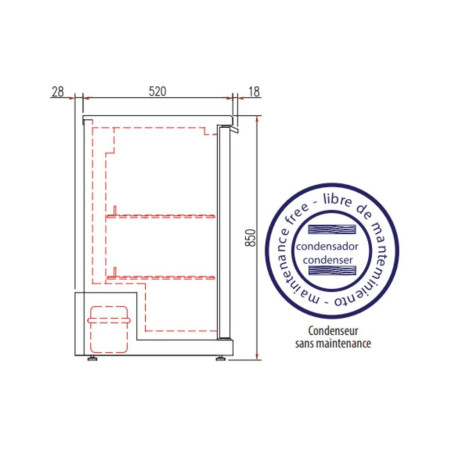 Arrière bar - T°+2°/+8°C - 1 porte vitrée - Stockage 150 bouteilles - 128l - LED - Serrure - Éco énergie - H 850 mm