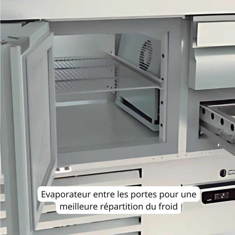 Meuble saladette 700 positif - GASTRO - T° 0°/+8°C - 2 portes - 200L - Dessus granit - 5 bacs GN1/6 - Inox AISI-304