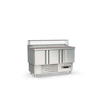 Meuble saladette GASTRO - 3 portes - 320L - T° 0°/+8°C - Dessus granit - Inox AISI-304 - Éco énergie - Alarme temp.