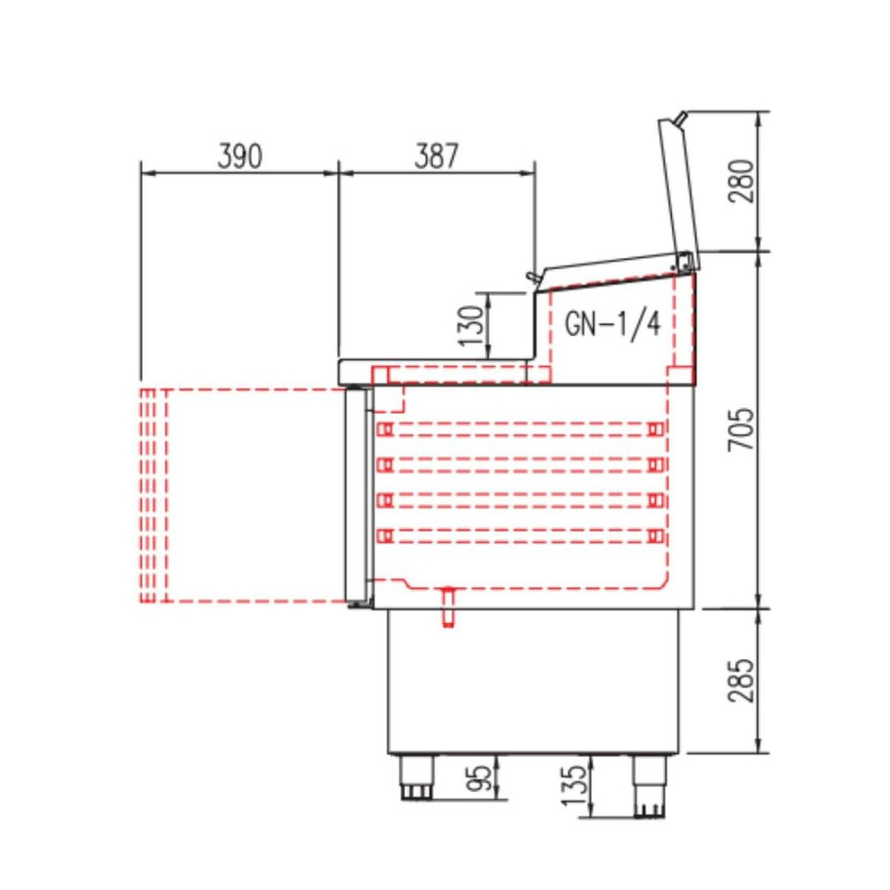 Meuble saladette 700 positif 2P GASTRO - T° 0°/+8°C - 200L - Inox - 5 bacs GN1/4 - Éco énergie - Alarme temp.