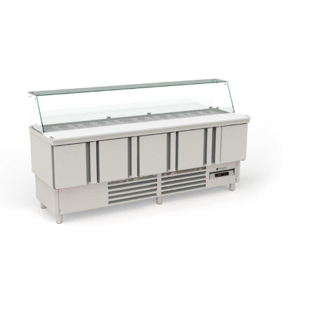 Meuble de préparation 700 positif FAST FOOD GN1/1 - T° 0°/+8°C - 5P 560L - Dessus inox - 36 bacs GN1/6 - Inox AISI-304