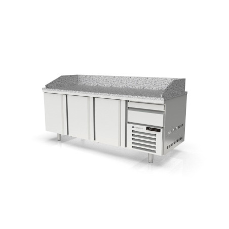 Meuble pizza 700 - positif- Température -2°/+8°C - 3 portes - Capacité 450L - Dessus granit - Inox AISI-304