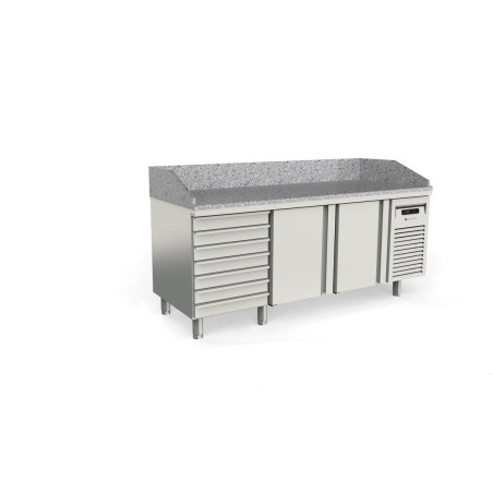 Meuble pizza 700 - positif - T° -2°/+8°C - 2 portes + 7 tiroirs - Capacité 450L - Dessus granit - Inox AISI-304
