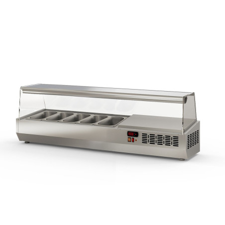 Présentoir à ingrédients 1/4 - Inox 18/10 - 5 bacs GN 1/4 - Thermostat digital - Éclairage intérieur - T°+2°/+8°C