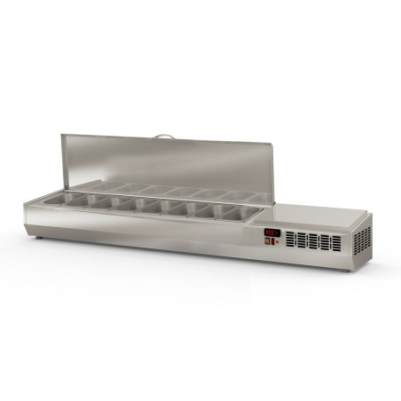 Présentoir à ingrédients 1/4 - Inox 18/10 - 8 bacs GN 1/4 - Alarme T° - couvercle inox rabattable