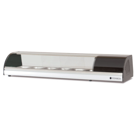 Vitrine à tapas inox AISI-304—6 bacs GN1/3—LED—Thermostat digital—Temp. +4°/+8°C—Verre sécurit