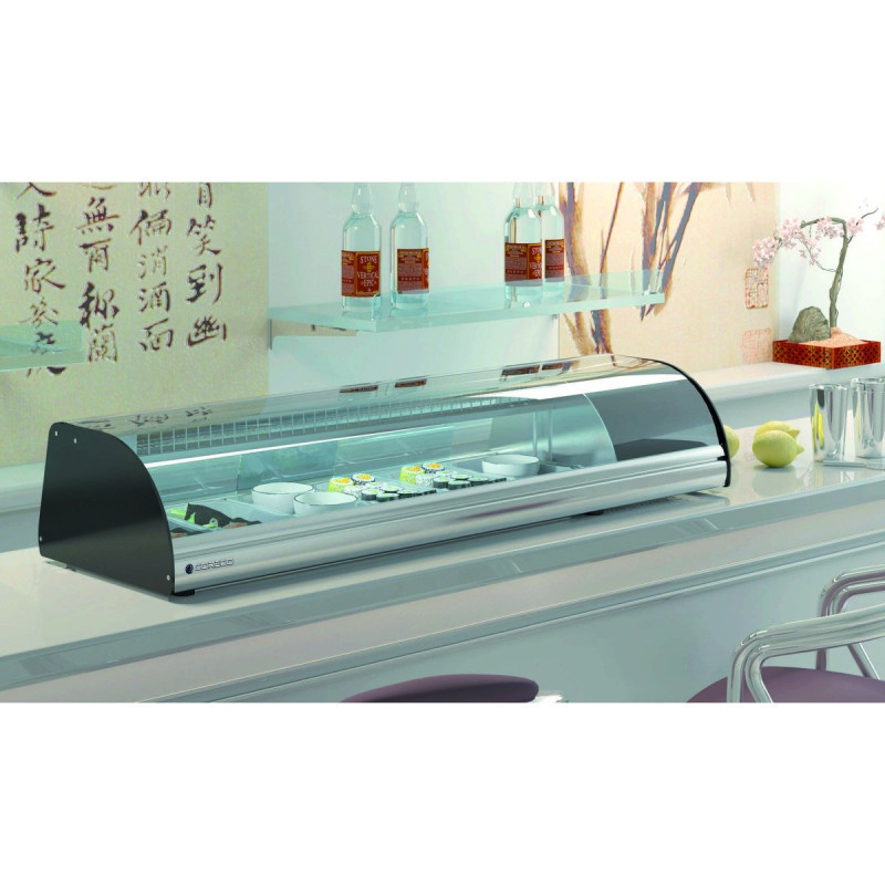 Vitrine à sushis inox - LED - Double évaporateur - Thermostat digital - Température 0°/+5°C - Verre sécurit - 1050 x 410 x 255 m