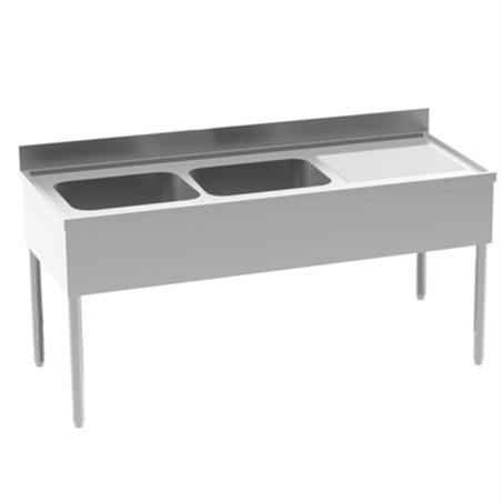 Plonge adossée sur pieds 2 bacs + 1 égouttoir droit - 1600/700x850/900 mm
