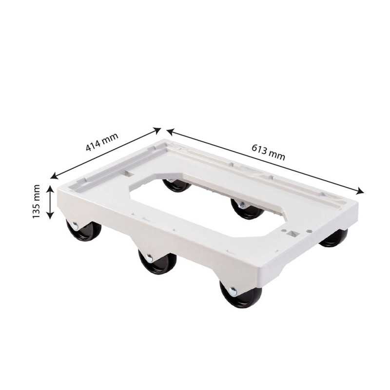 Socle rouleur blanc 6 roues pivotantes charge 250kg pour bac et caisse 600x400 et manne à pain (sauf 120L)