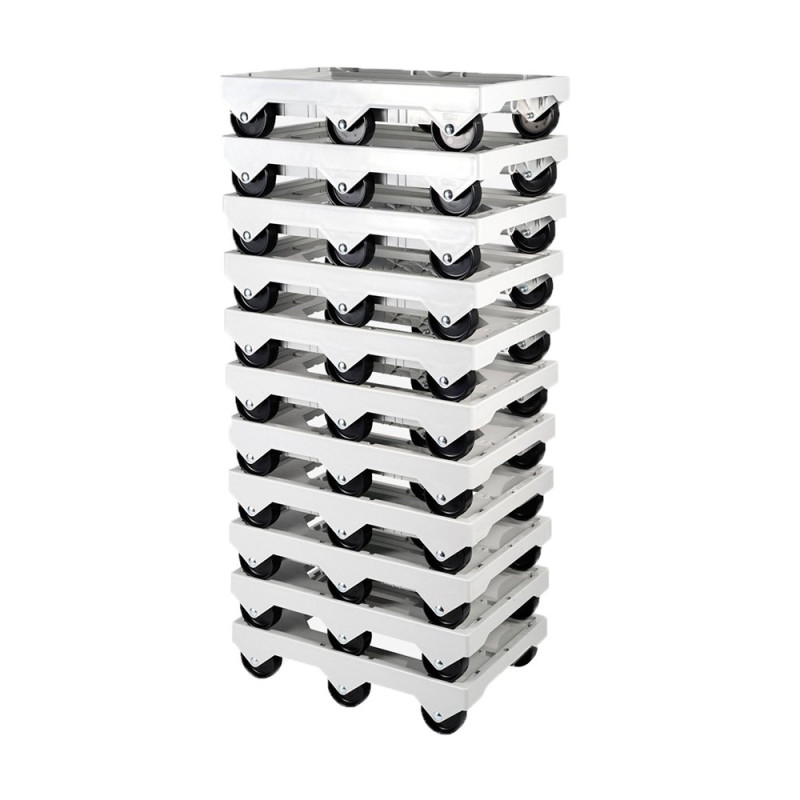 Socle rouleur blanc 6 roues pivotantes charge 250kg pour bac et caisse 600x400 et manne à pain (sauf 120L)