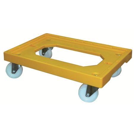 Socle rouleur jaune 4 roues pivotantes charge 250kg pour bac et caisse 600x400 et manne à pain (sauf 120L)