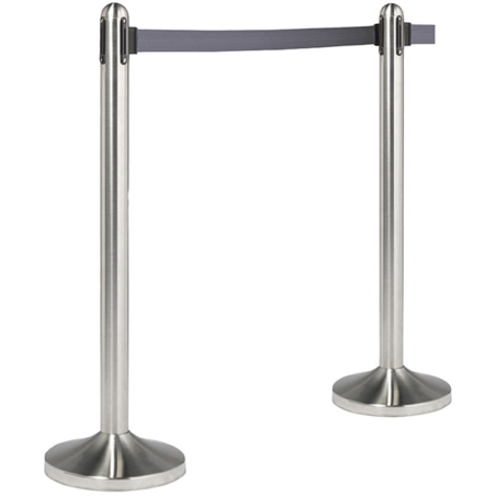 Poteau d'accueil avec bande rétractable grise - inox - Lg 210 x HT 120 cm
