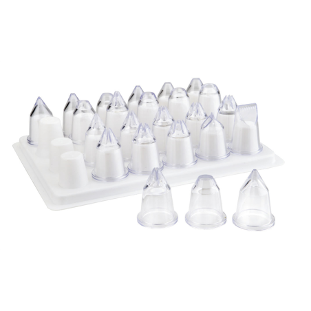 Assortiment de 24 douilles acrylique - douilles unies - plateau 28x7x18 cm