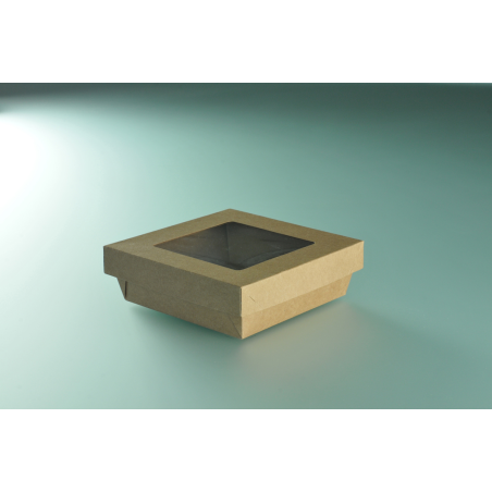 Boîte à salade 14x14x5 cm en kraft brun et couvercle à fenêtre