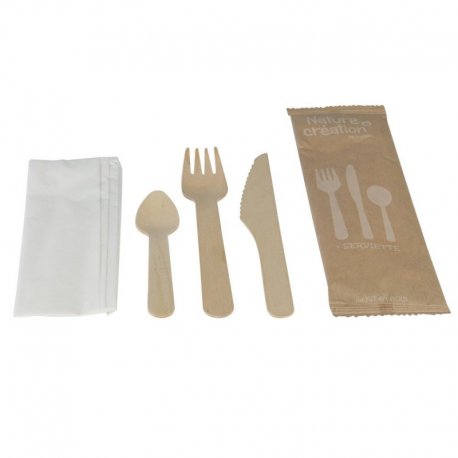 Kits couverts bois 4/1 - fourchette, couteau, cuillère dessert, serviette 1 pli