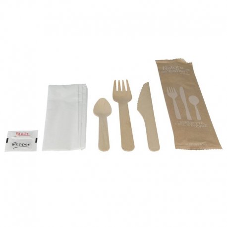 Kits couverts bois 6/1 - fourchette, couteau, cuillère dessert, serviette 1 pli, sel&poivre