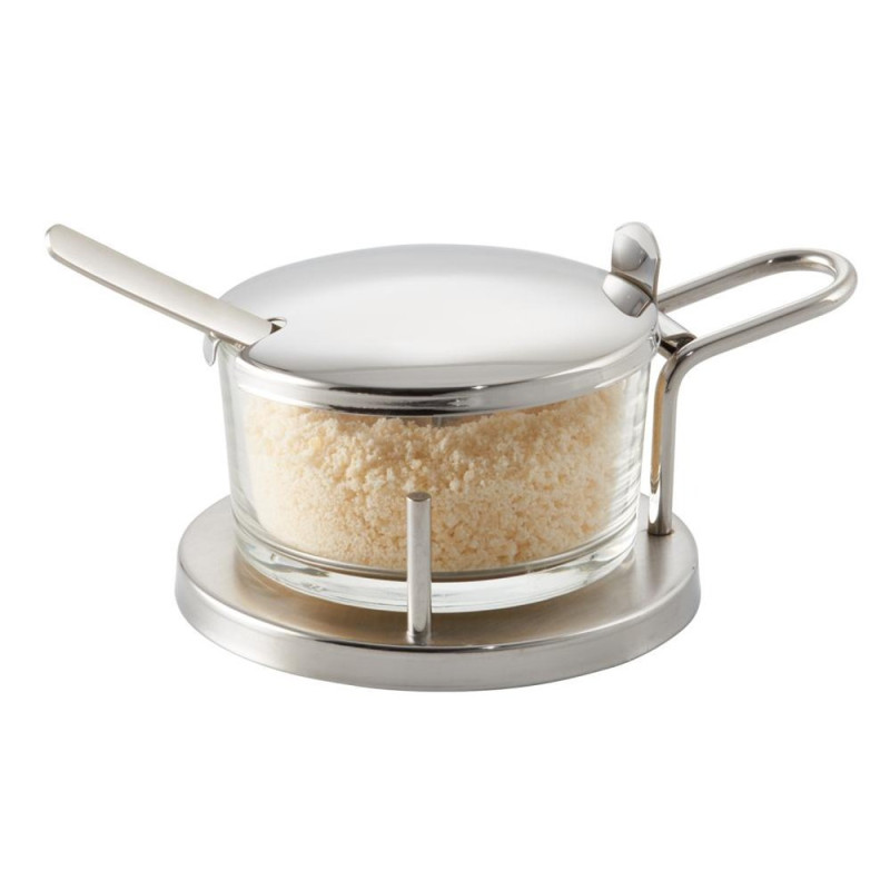 Service à parmesan en inox - avec bol verre et cuillère - 11x15x7 cm