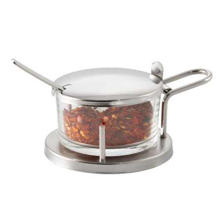 Service à parmesan en inox - avec bol verre et cuillère - 11x15x7 cm