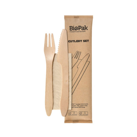 Kit 3 en 1 de couverts bois ciré - 100% bois de bouleau - fourchette, couteau et serviette
