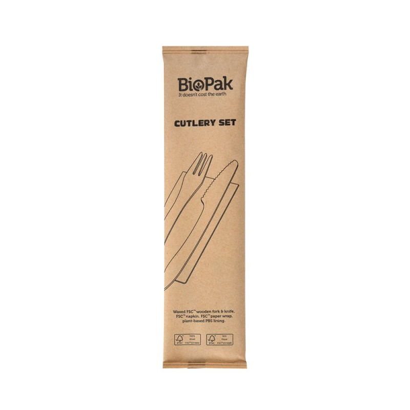 Kit 3 en 1 de couverts bois ciré - 100% bois de bouleau - fourchette, couteau et serviette