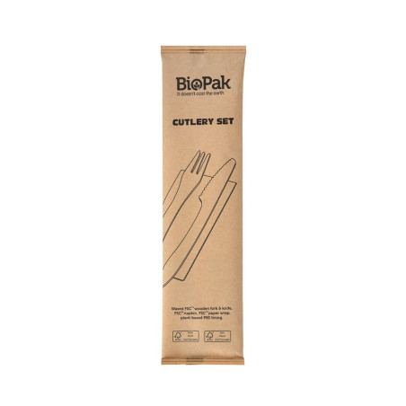Kit 3 en 1 de couverts bois ciré - 100% bois de bouleau - fourchette, couteau et serviette