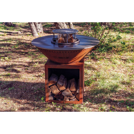 Braséro classique en acier corten - 560x560x600 mm - Ht de cuisson 900 mm - plaque de cuisson Ø1030 mm