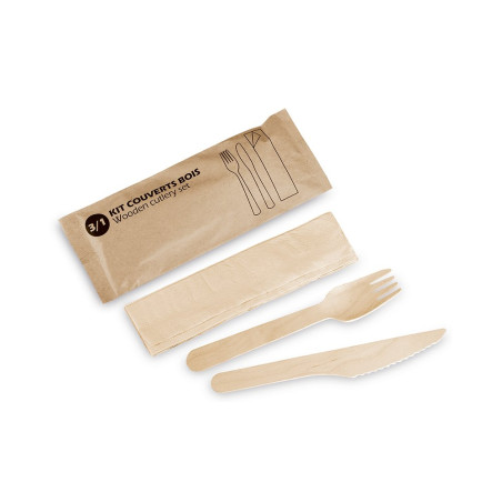 Kit couverts bois 3/1 - fourchette, couteau, serviette 1 pli