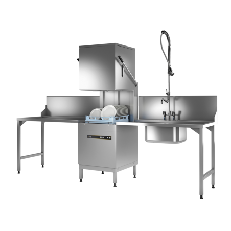 Lave-vaisselle à capot H604-12B - 48 casiers/h - pompe de vidange, pompe de rinçage,doseur de détergent - 635x742x1480/1960 mm