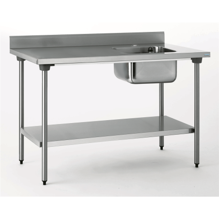 Table du chef adossée - 1 bac droite 400x400 mm - avec étagère - 1600x700x900 mm